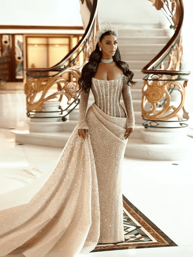 Nude Glitter Mermaid Dress Sparkly Pleats Off Shoulder Long Shiny Sleeves Long Pleat Court Train, Drestiny, Maxi Dresses, Long Sleeves, Beige, Custom Color, Custom Made Dresses, Dubai, Royal Dress, Prom Dresses, Off Shoulder, United States, Canada, Australia, New Zealand, United Kingdom, 2, 4, 6, 8, 10, 12, 14, 14w, 16w, 18w, 20w, 22w, custom sizes, plus size gowns, plus size evening dresses, shopdrestiny.com